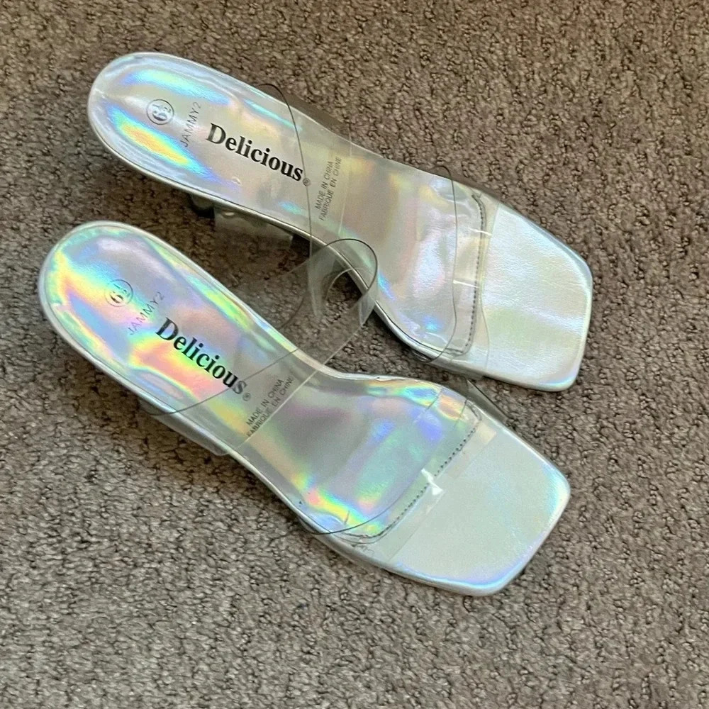 Delicious Jammy2 Clear Strap Holographic Mule Heels Size 6.5